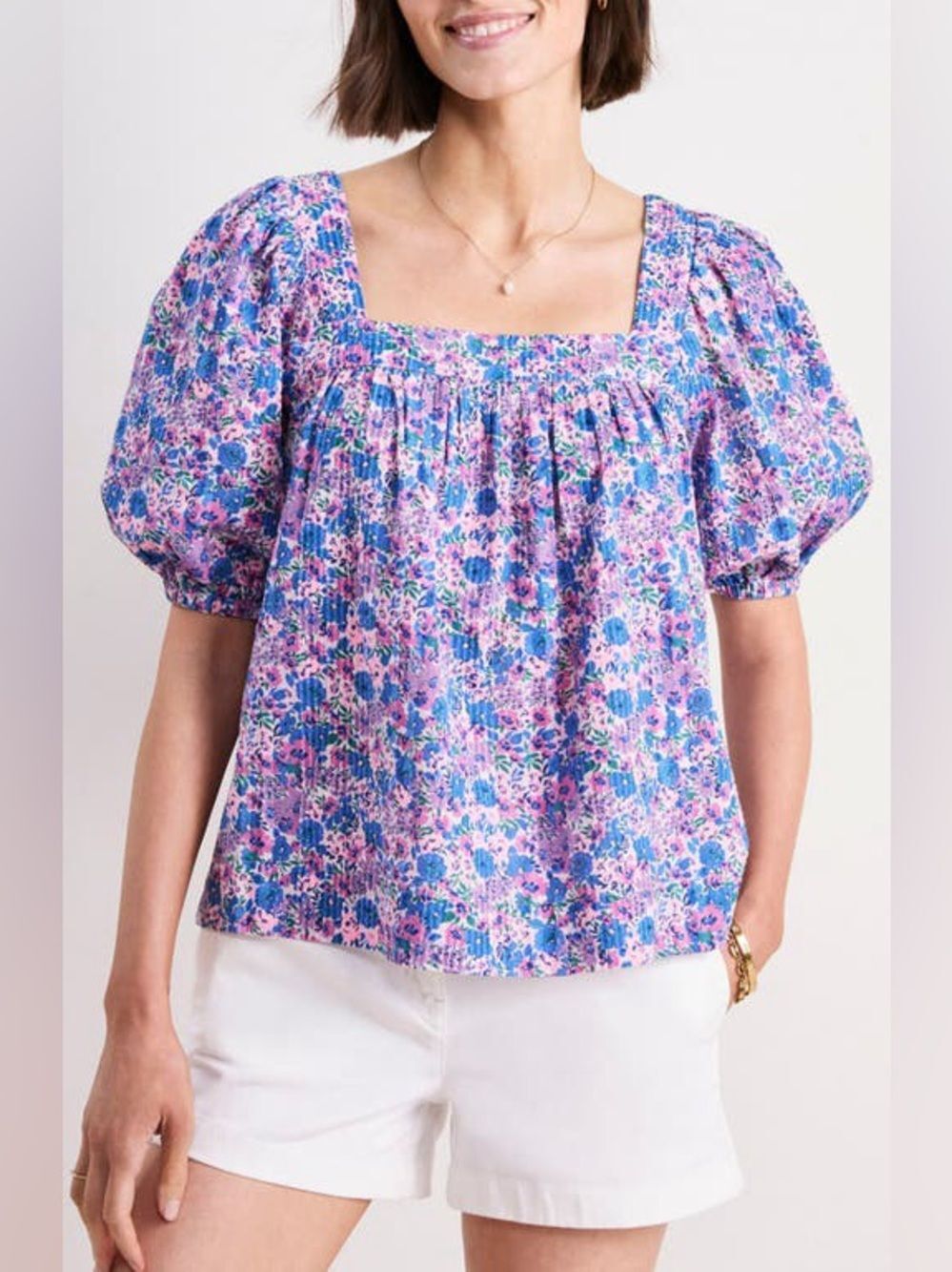 Vineyard Vines Lavender Blue Floral Square-Neck Puff Short Sleeve Top Sz L